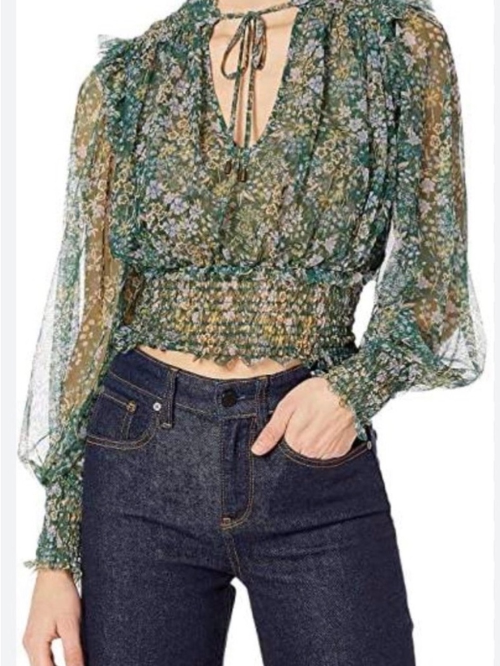 Free People Printed Twyla Smocked Top in a green floral mesh pattern.